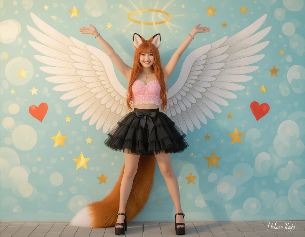 Fox-Woman Angel Wings Mural in Graffiti Art Style
