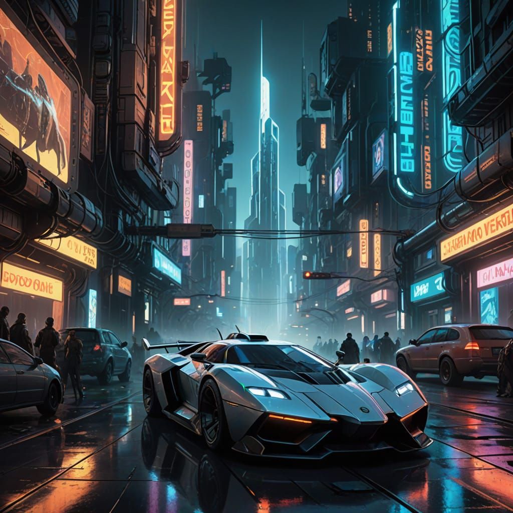 Cyberpunk Metropolis at Dusk with Flying Cars and Space Suit...