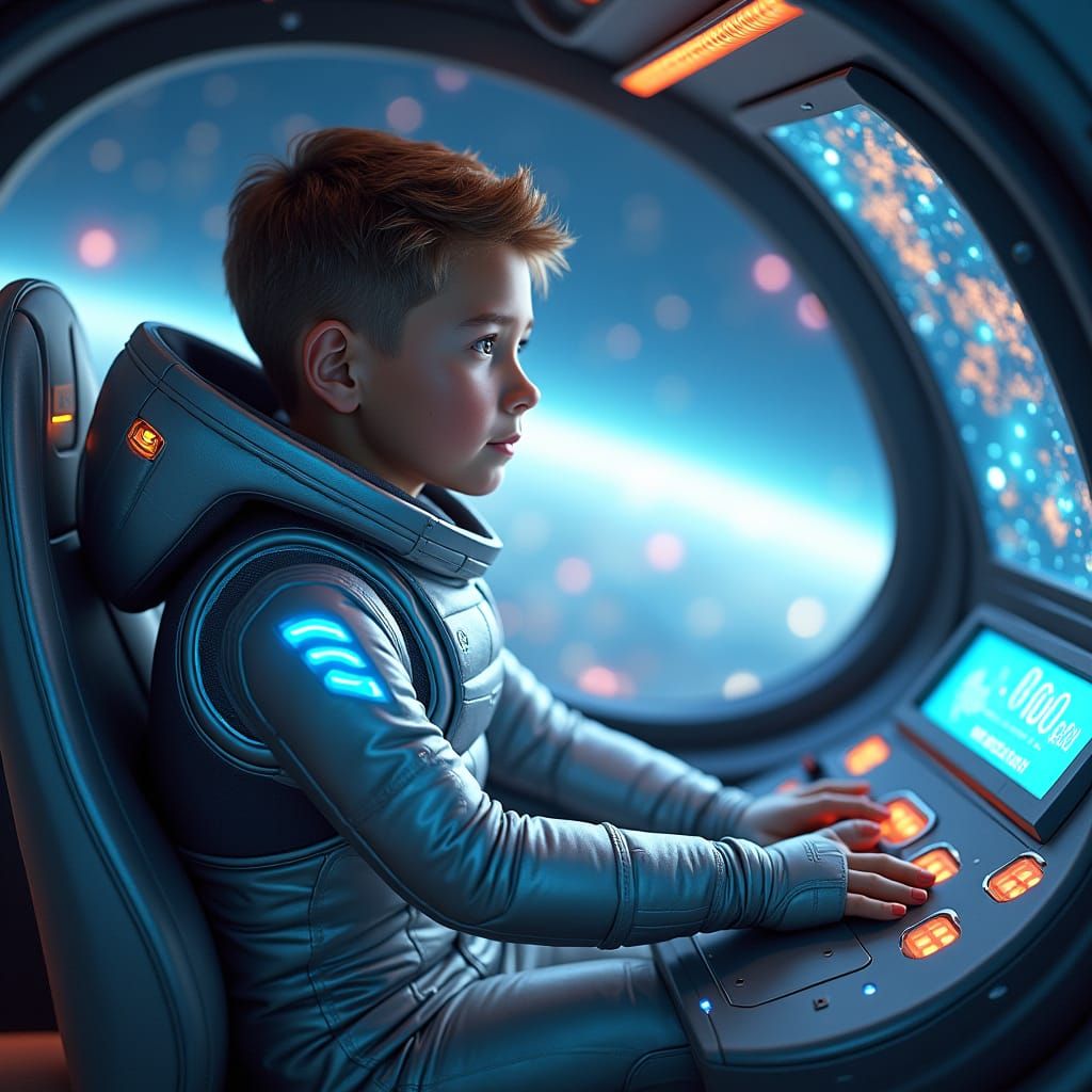 Boy Pilot in Futuristic Spaceship Cockpit