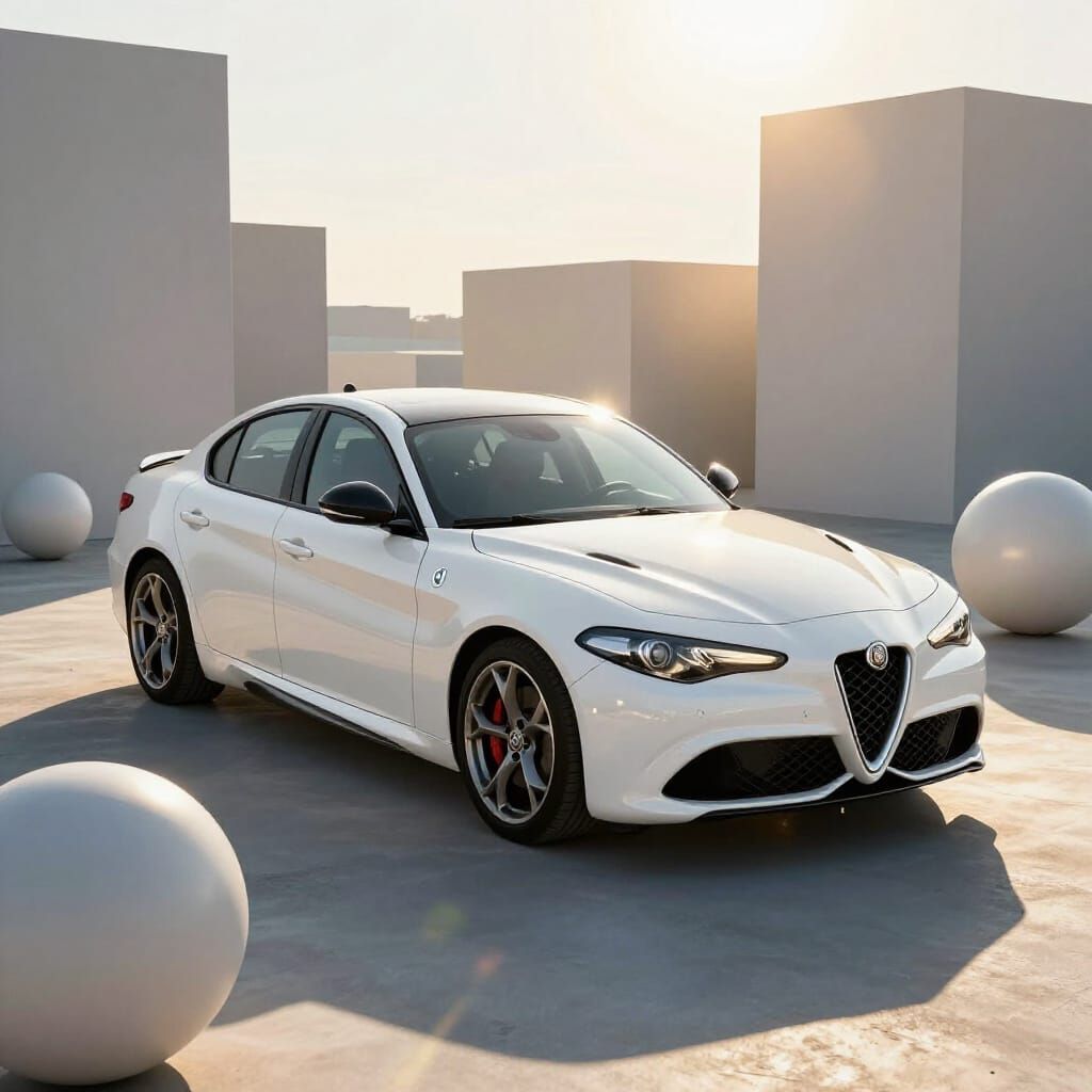 White Alfa Romeo Giulia with Giant Geometric Shapes