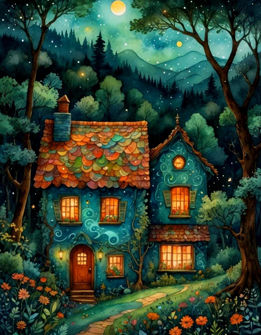 Nighttime Rural View in Abstract Watercolor Style