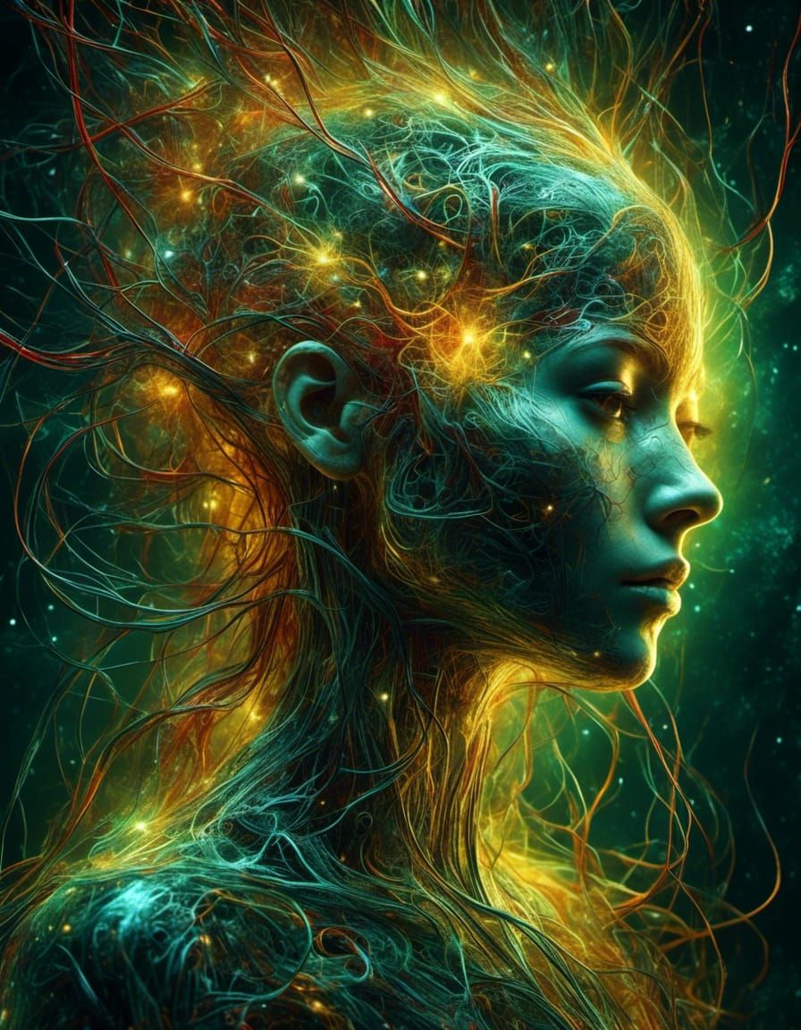 Luminous Neurons Fire in Female Form, Holographic Illustrati...