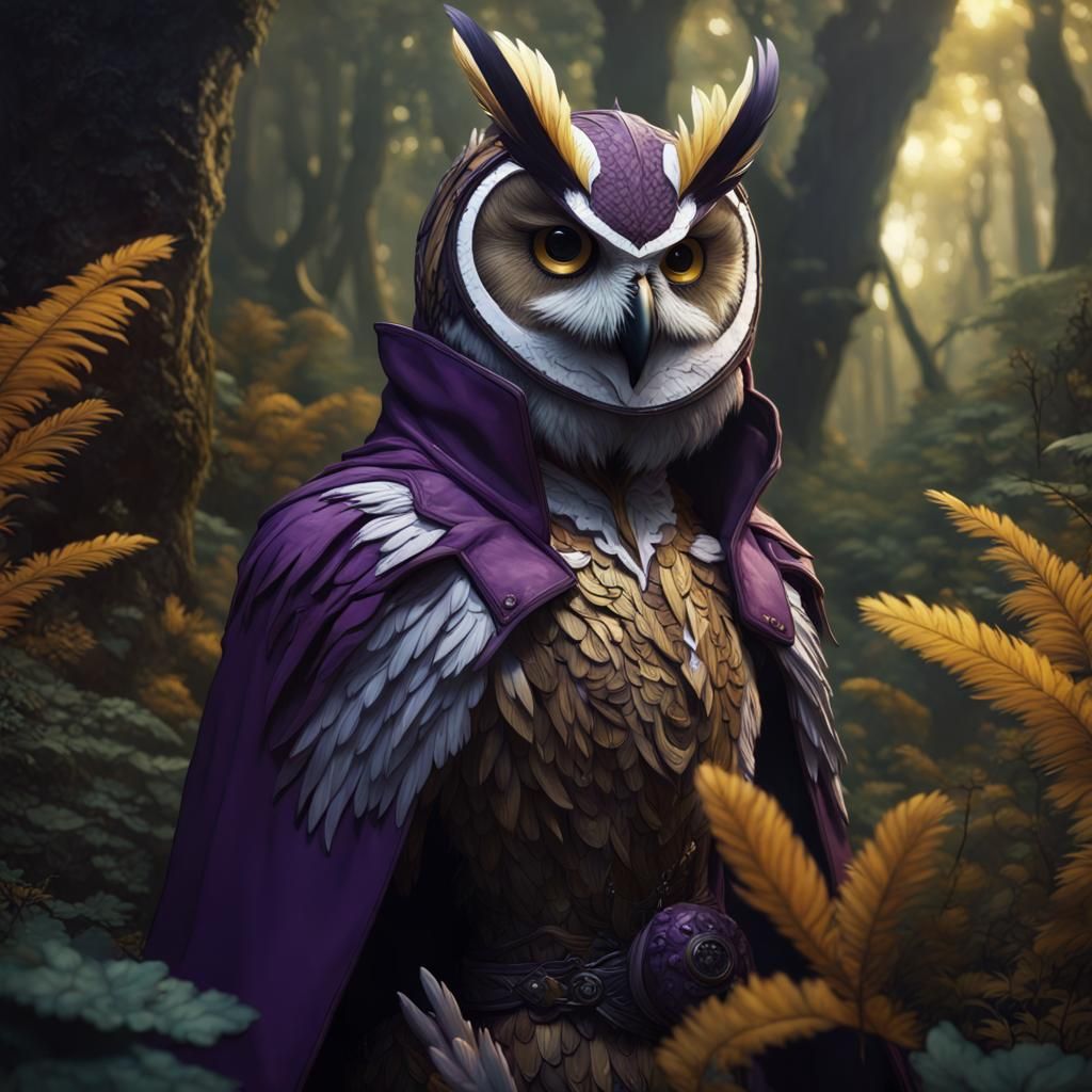 Owl-Headed Figure in Dark Fantasy Landscape