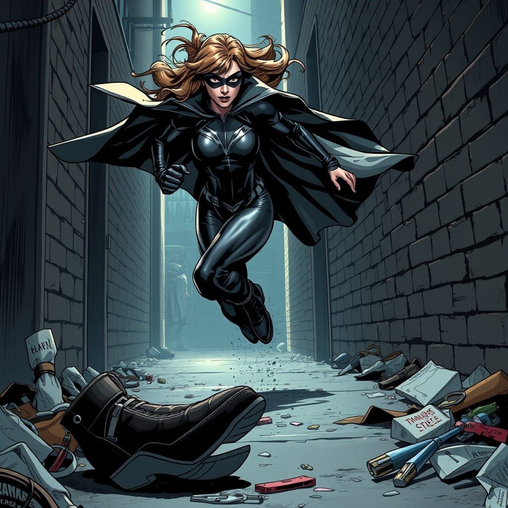 Sleek Female Superhero Sprints Down Dimly Lit Alleyway