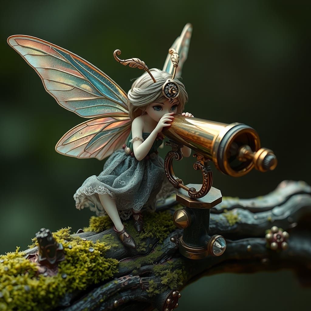 Detailed Fairy Gazing Through Telescope