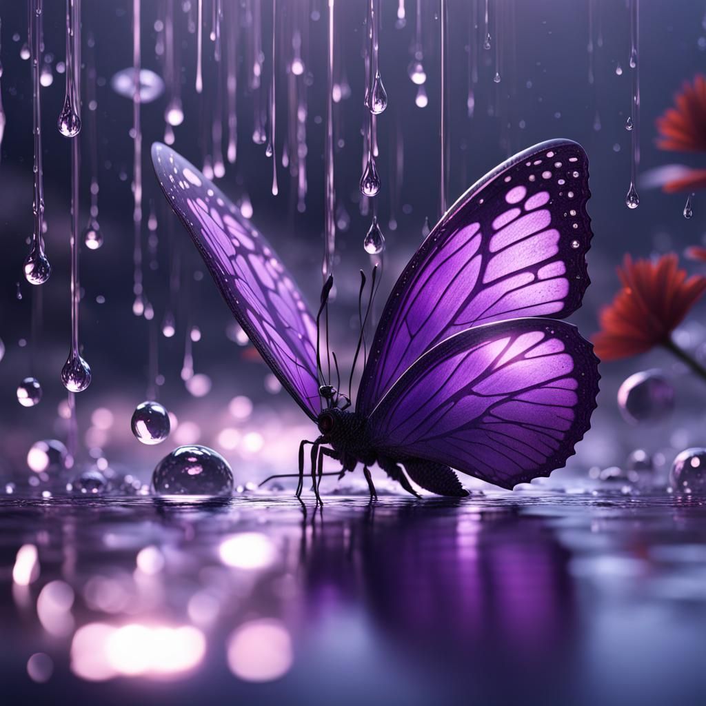 Glass Purple Butterfly in Raindrop, Matte Painting