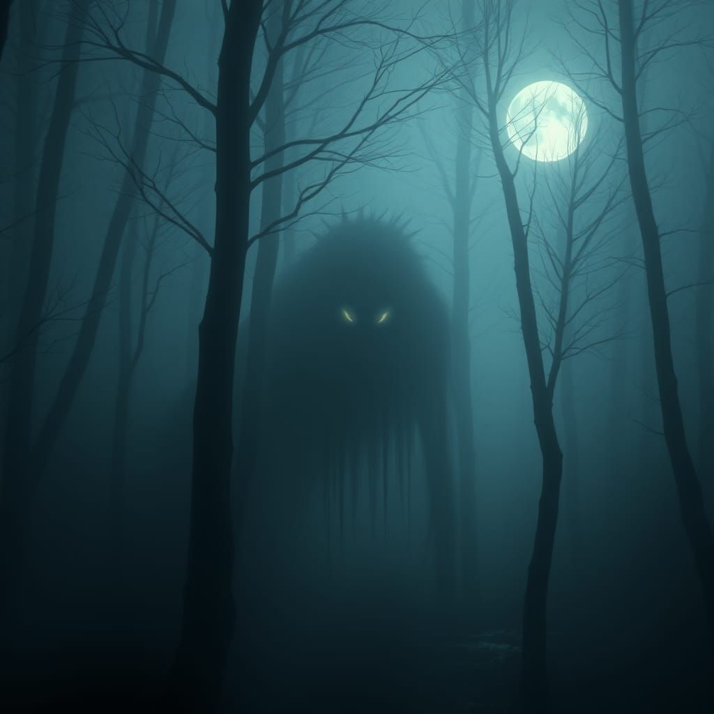 Mysterious Cryptid Emerges from Misty Forest in Surreal Styl...