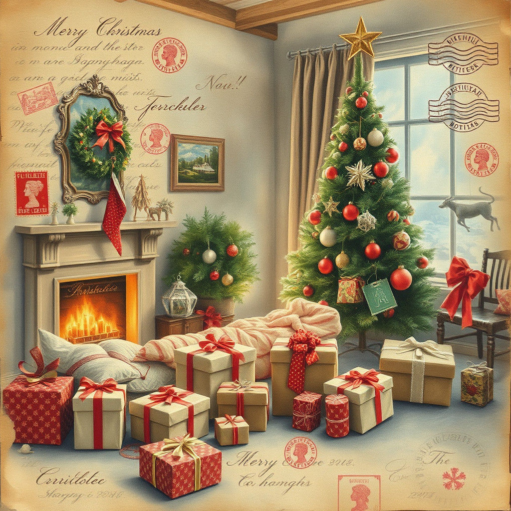 Vintage Christmas Morning Scene in Watercolor Style