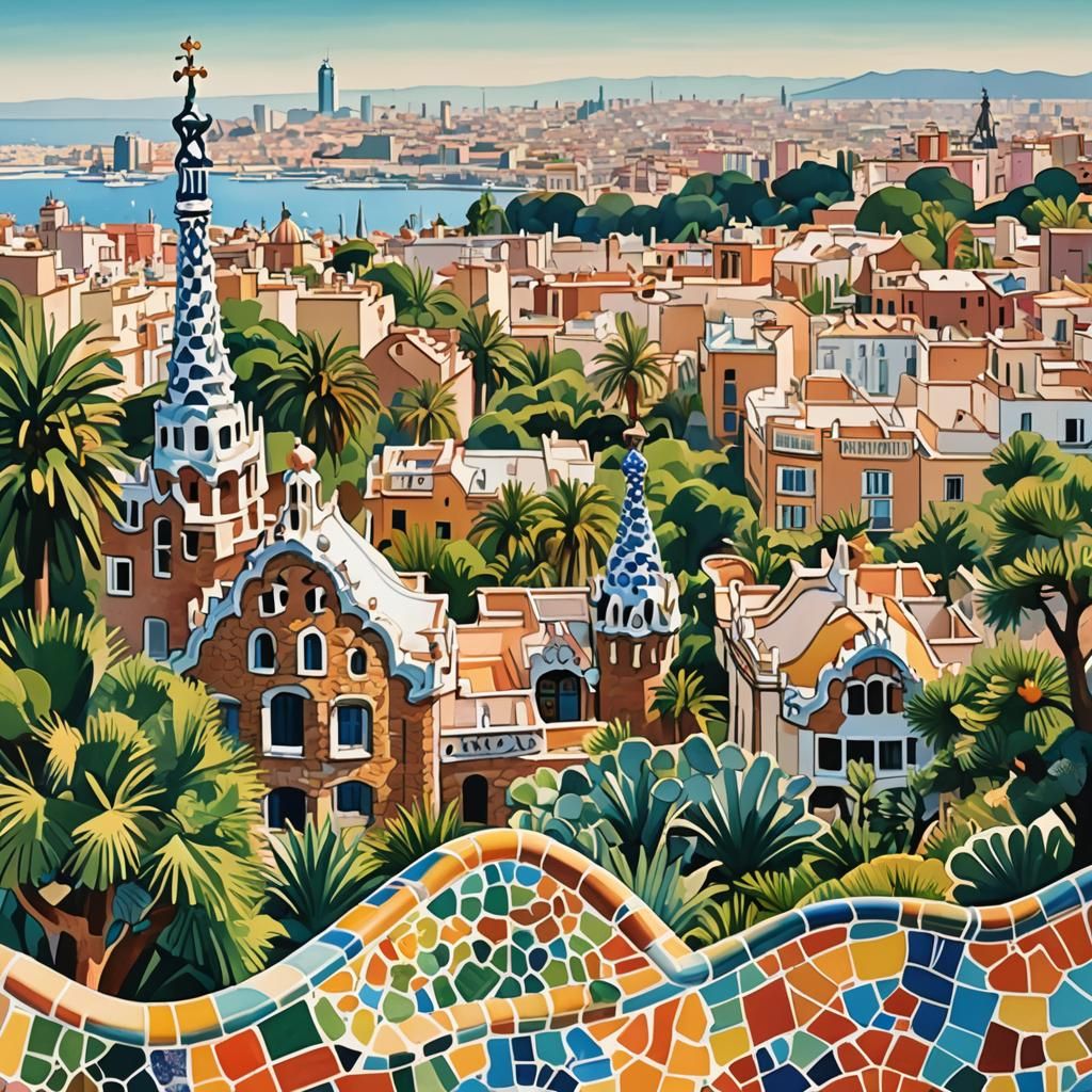 Barcelona Park Güell Gouache Poster Illustration
