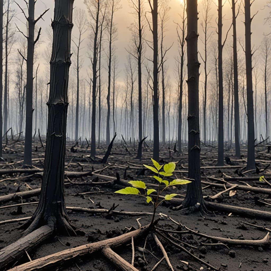 Resilience: Sapling Sprouts in Burned Forest