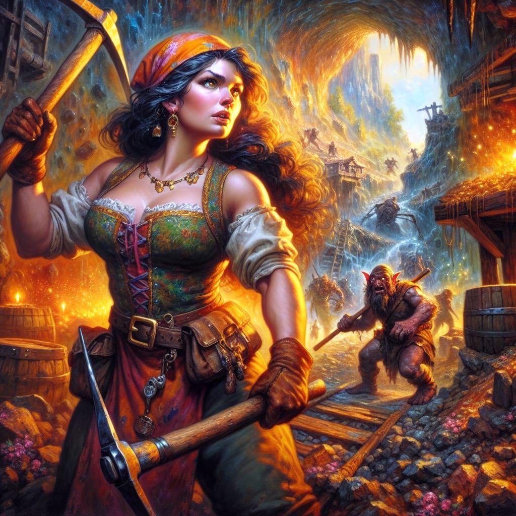 Female dwarven miner, a goblin is lurking in the background ready to strike.