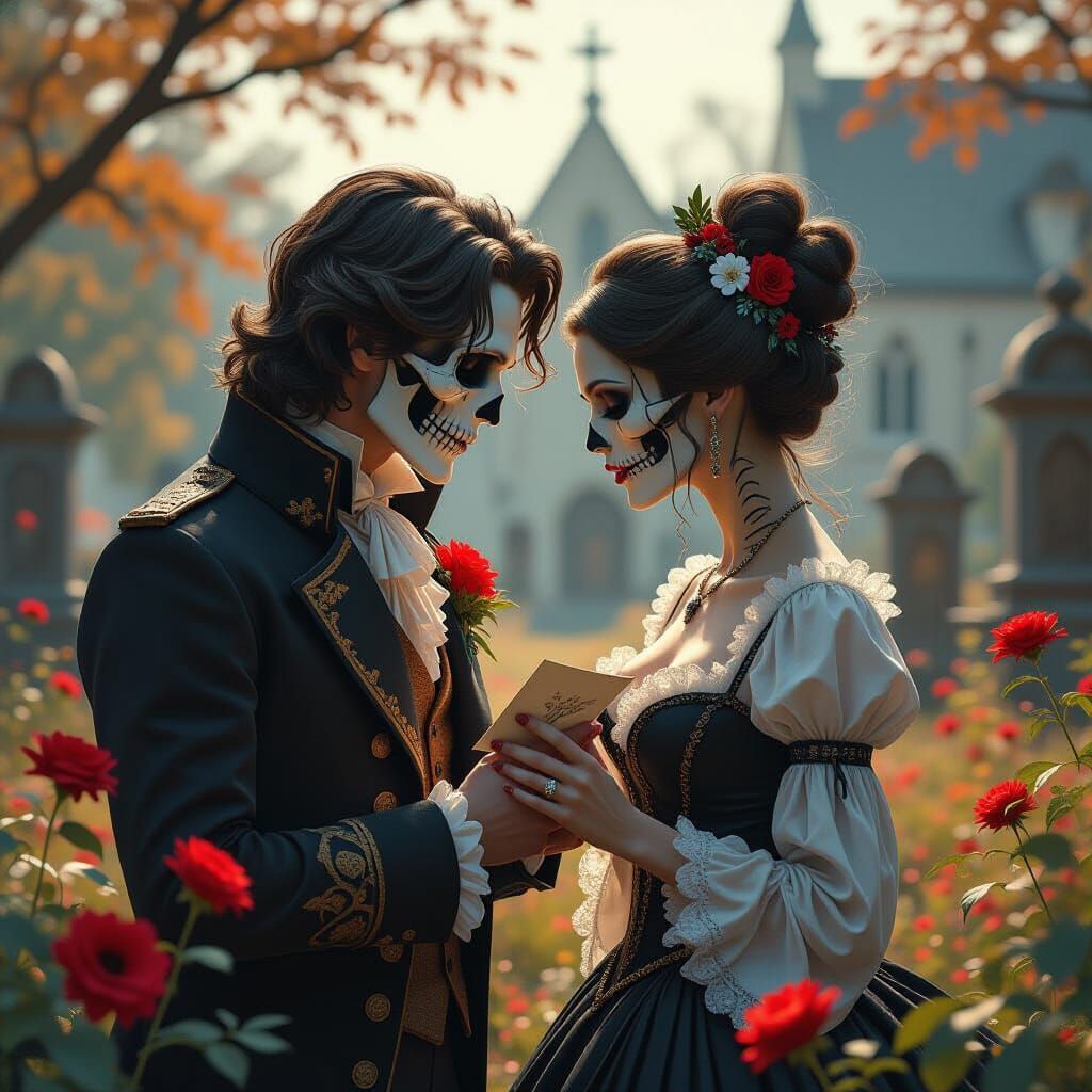 Skeletal Lovers Exchanging Letters in Halloween Churchyard