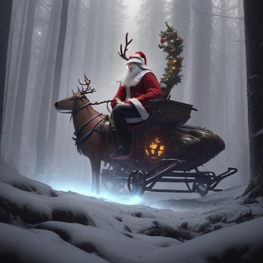 🎅 Santa Claus in a futuristic sleigh powered by AI-driven reindeer through a cyber-enchanted forest