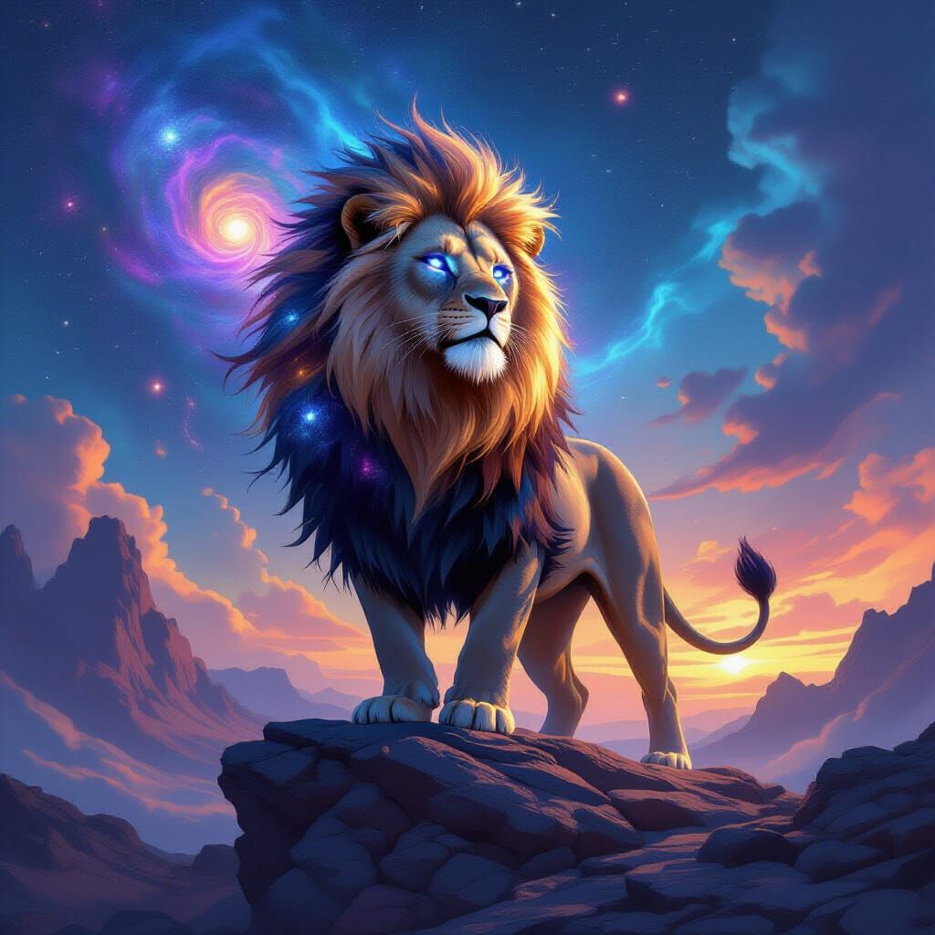 Cosmic Lion Overlooking Galactic Battlefield