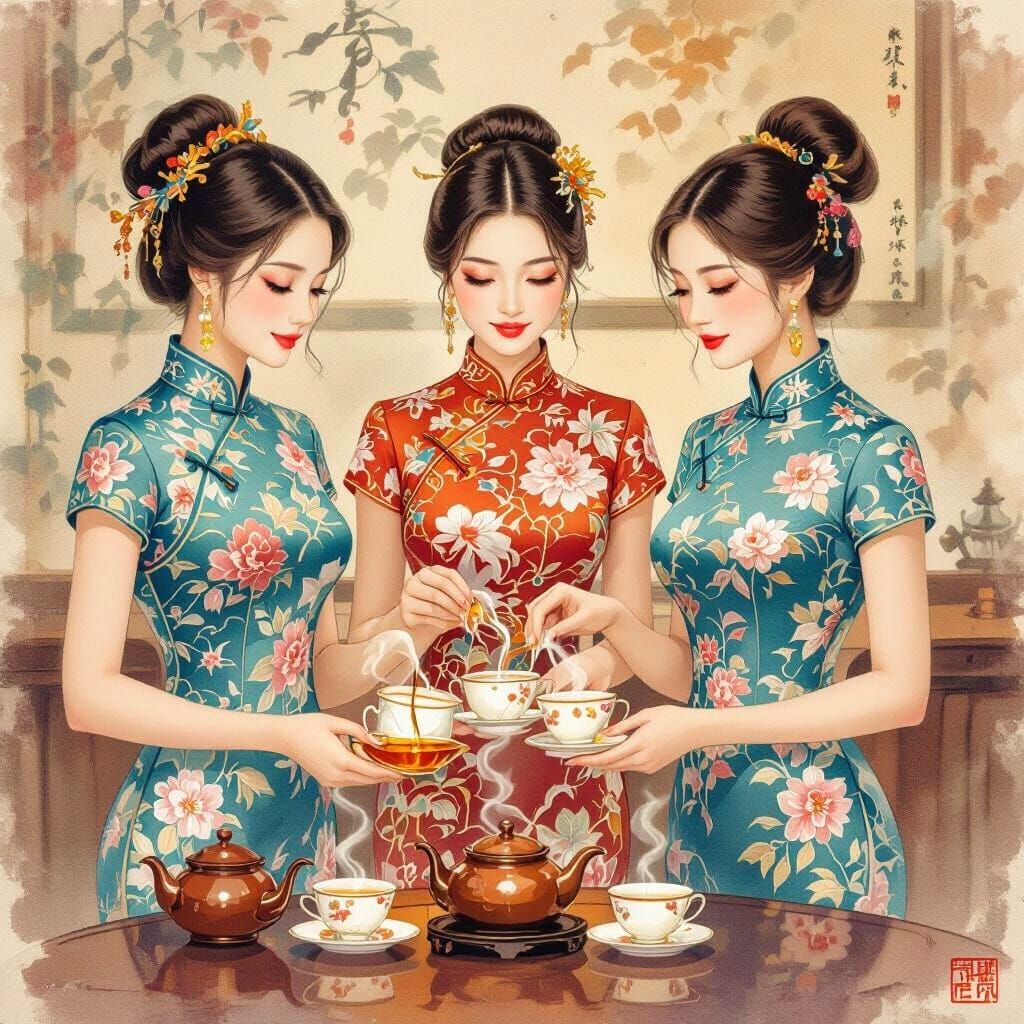 Chinese Waitresses Pouring Tea with Long Spouts