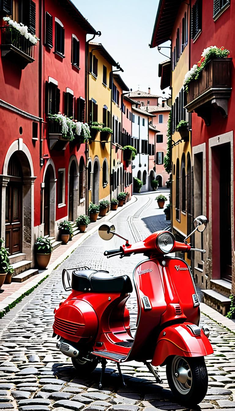 Vintage Red Vespa Scooter in Woodcut Style