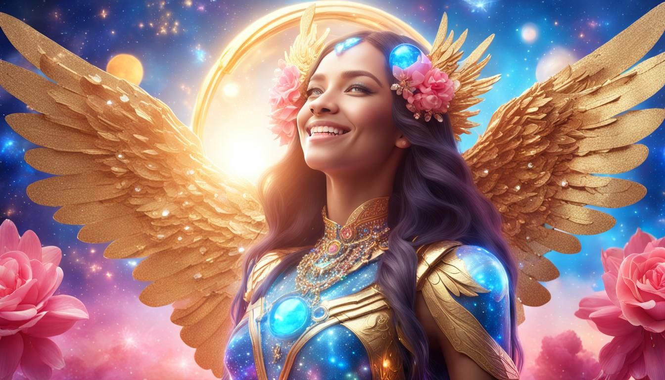 Cosmic Woman with Wings, Crystal Jewels and Spaceship