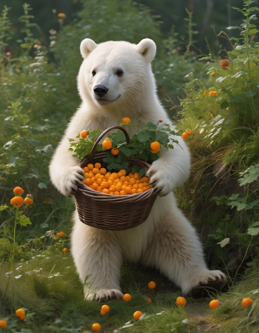 White Bear Cub Collecting Cloudberries