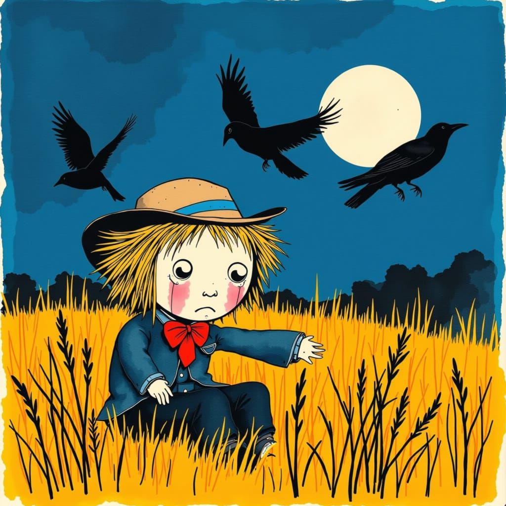 Sad Chibi Scarecrow Crying Under Full Moon