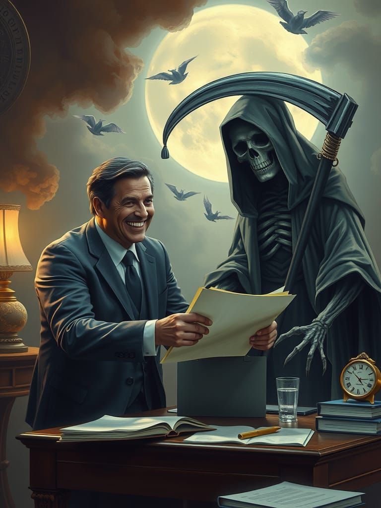 Secretary Hands File to Grim Reaper in Afterlife