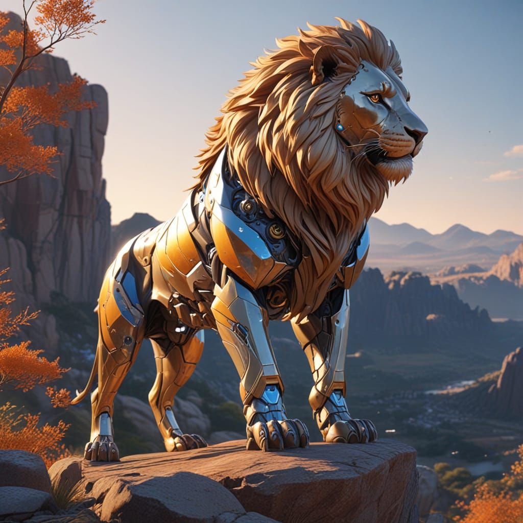Biomechanical Lion Overlooking Futuristic Savanna in Cyberpu...
