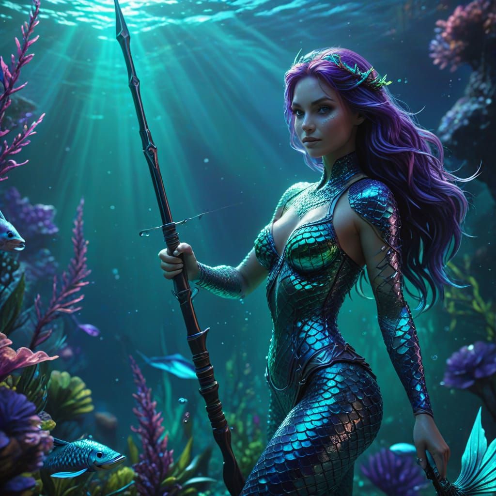Mermaid with Speargun in Turquoise Depths as 3D Render