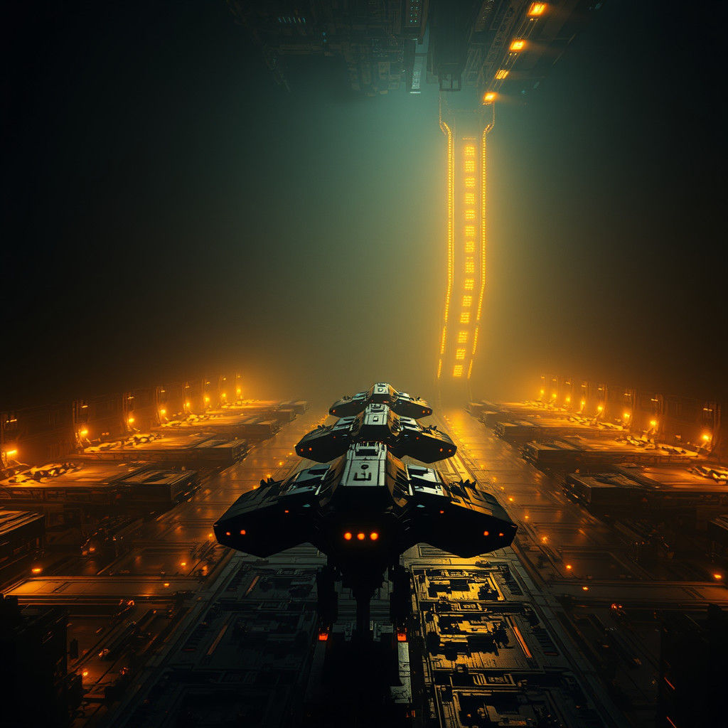 Cinematic Space Station Docking Bay in Film Noir Style