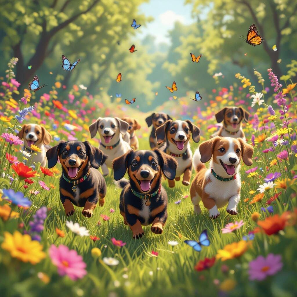 Dachshunds Race Through Vibrant Meadow In 3D Anime Style
