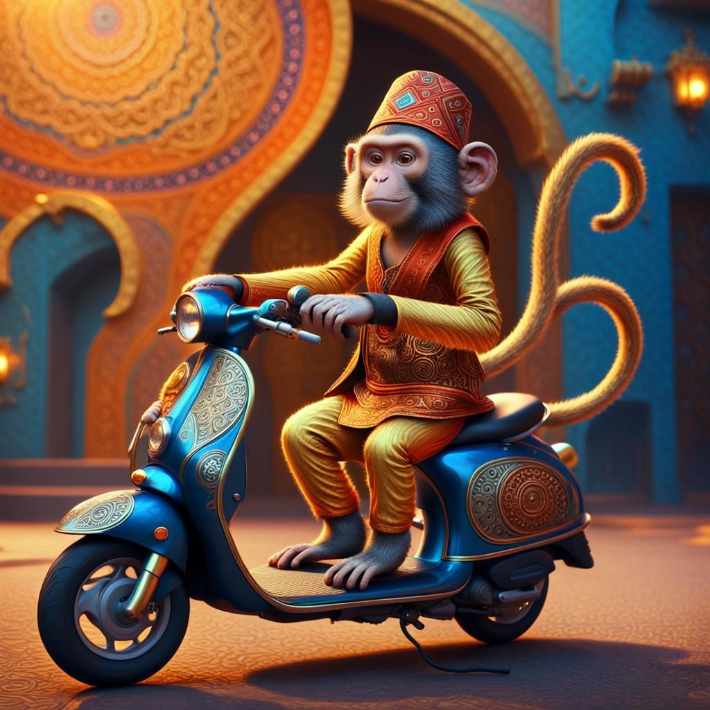 Monkey Rides Scooter in Art Deco Style