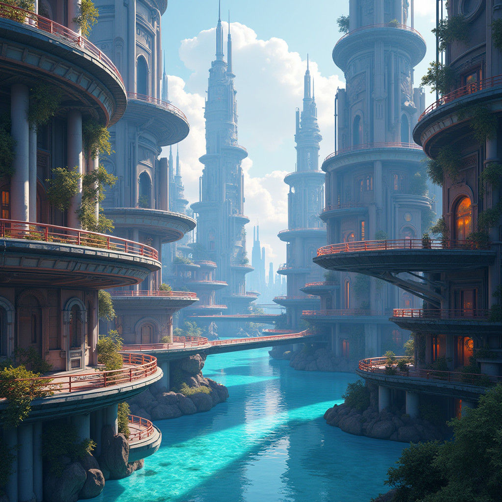Futuristic Cityscape with Floating Pools, as Matte Painting
