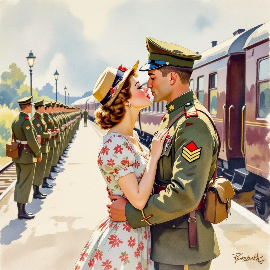 Soldier's Farewell: A Nostalgic Watercolor Painting