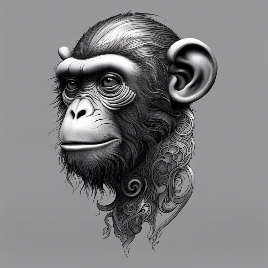 Chinese Zodiac Monkey Tattoo Design in Black and White