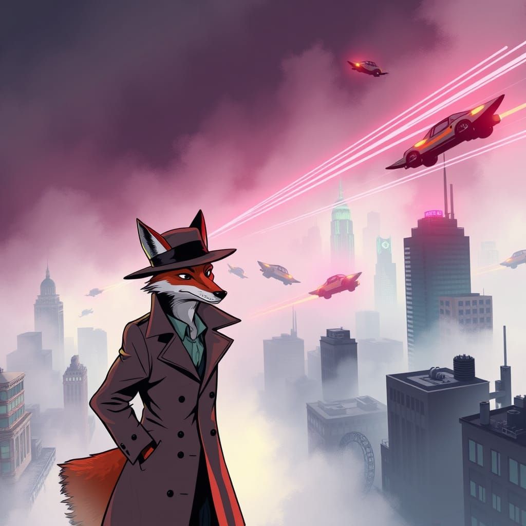 Fox Detective in Neon Fog Cityscape, Comic Art Style