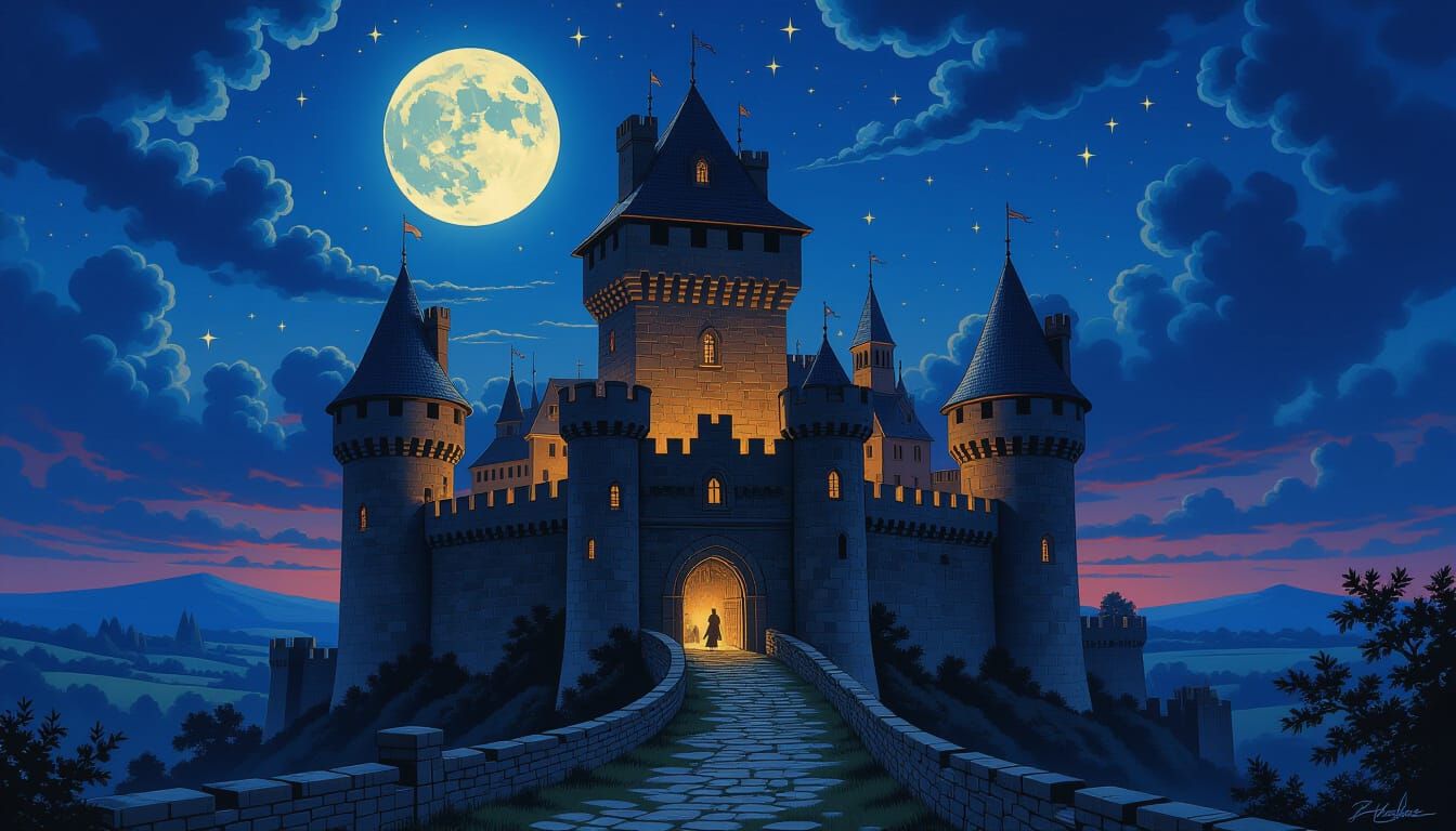 Medieval Castle Siege Under Starlit Sky in Fantastical Art S...