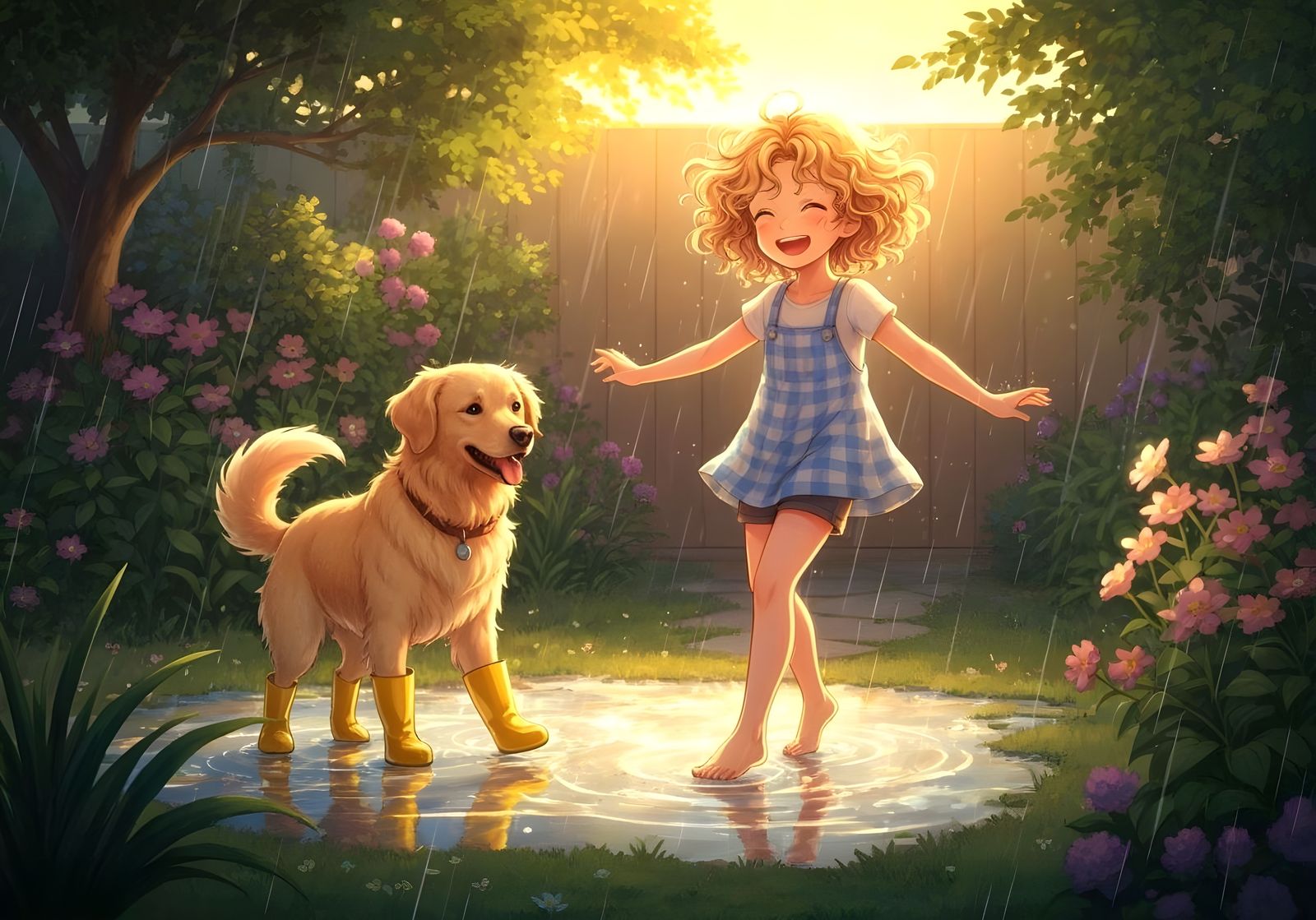 Girl and Dog Dancing in Rainy Garden, Anime Style