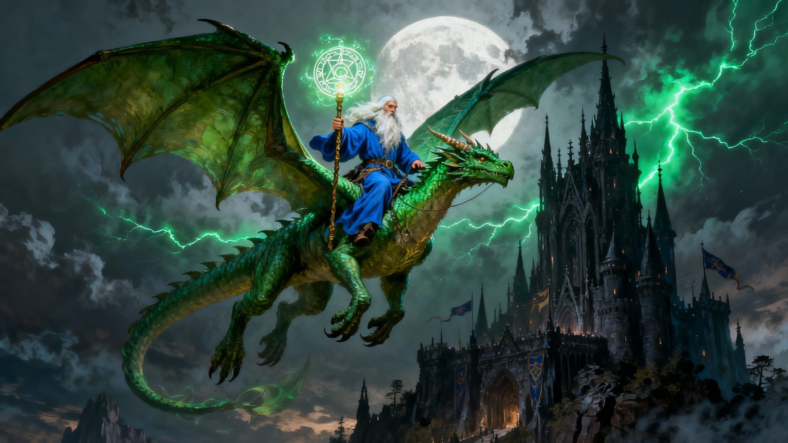 Wizard Riding Dragon Over Gothic Castle in Epic Fantasy Art
