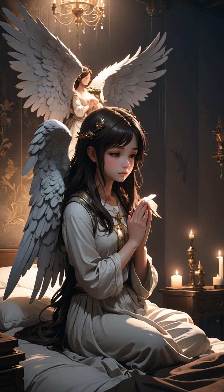 Anime Girl Praying with Angel, 3D Render