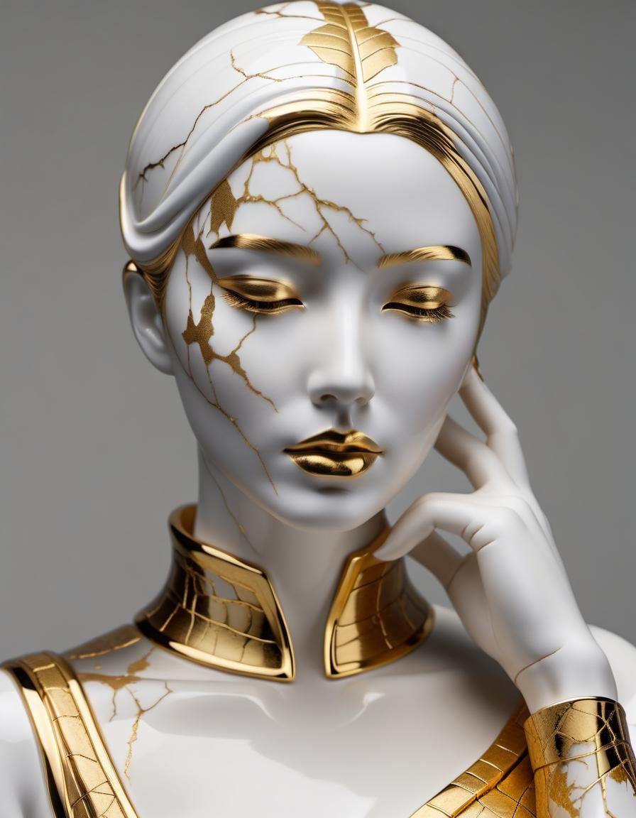 Kintsugi Porcelain Woman Statue in Hyperrealism