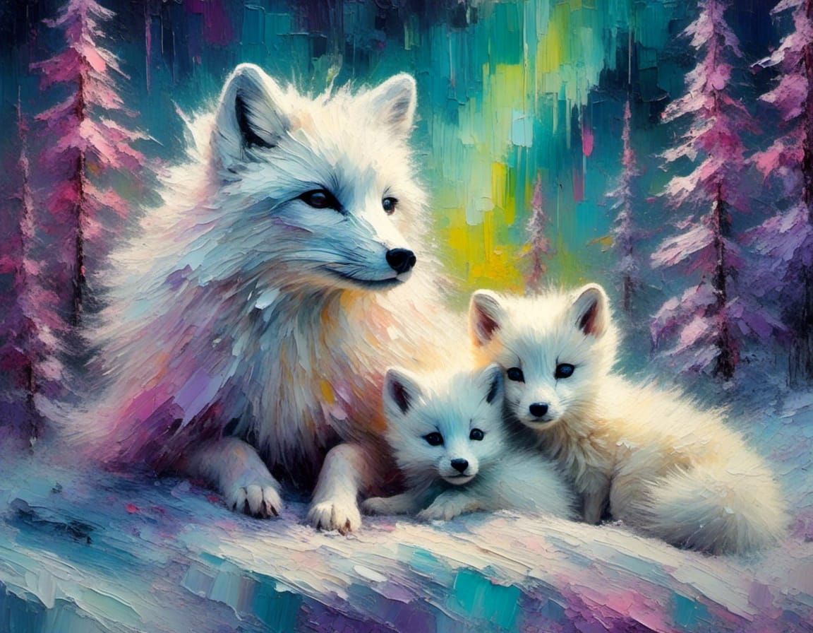 Arctic Fox Family Under Northern Lights, Oil Painting