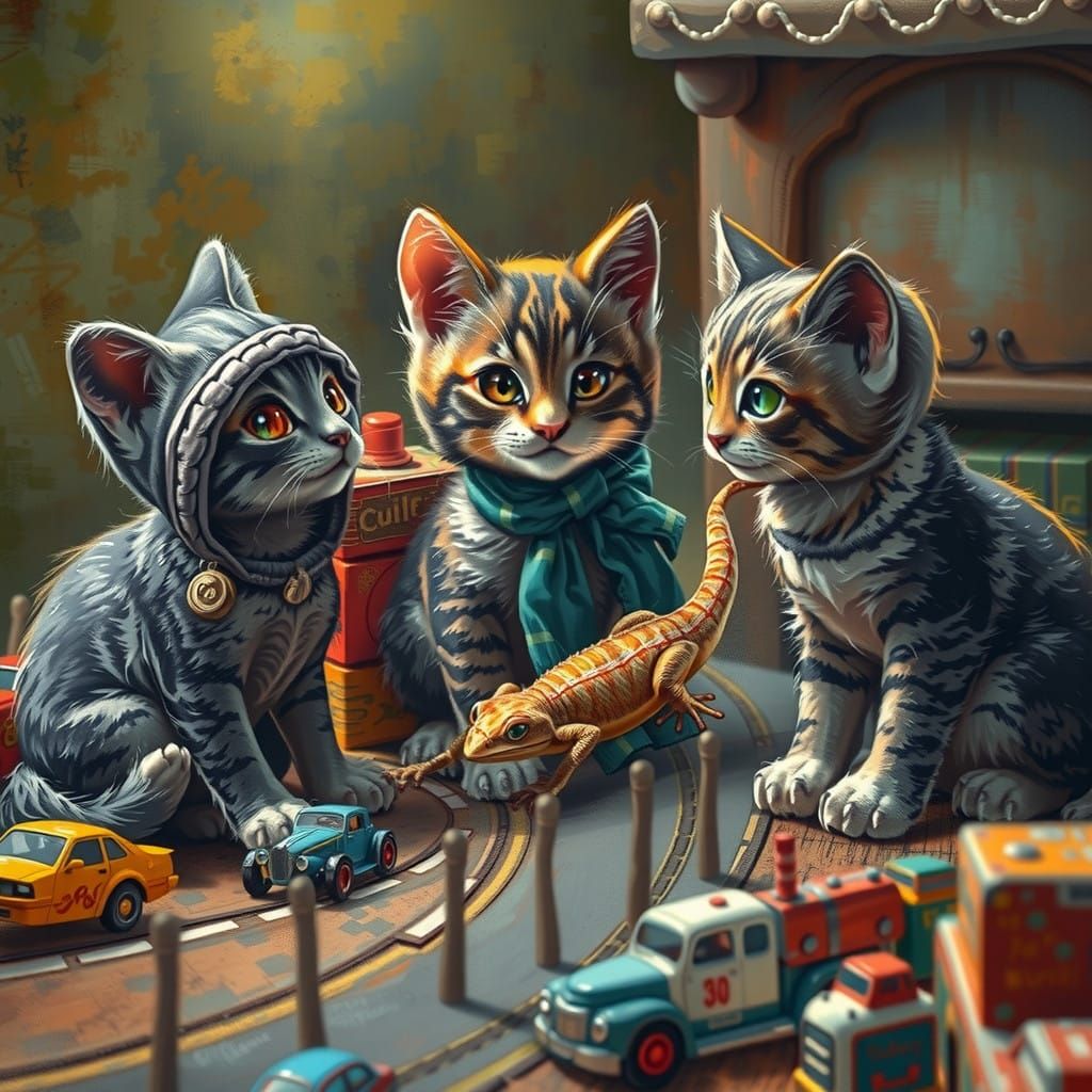Whimsical Cats and Salamander in Impressionist Toy Car Wonde...