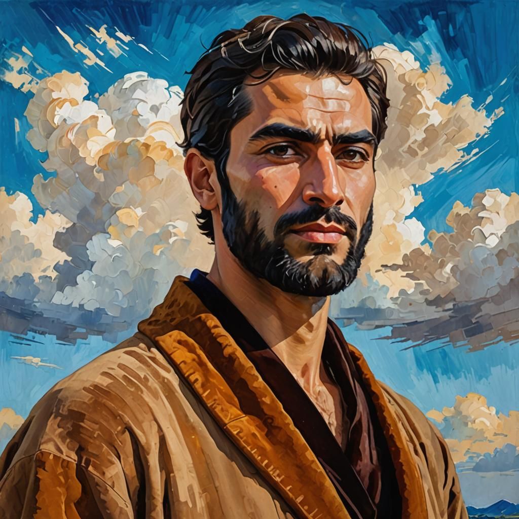 Iranian Man in Velvet Robe: Expressionist Impasto Portrait