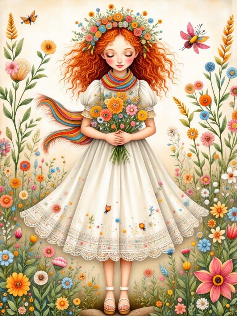 Whimsical Girl in Floral Garden, Folk Art Style