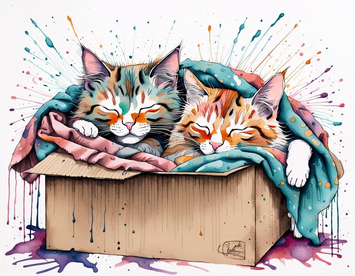 Whimsical Ink Drawing of Sleeping Cats