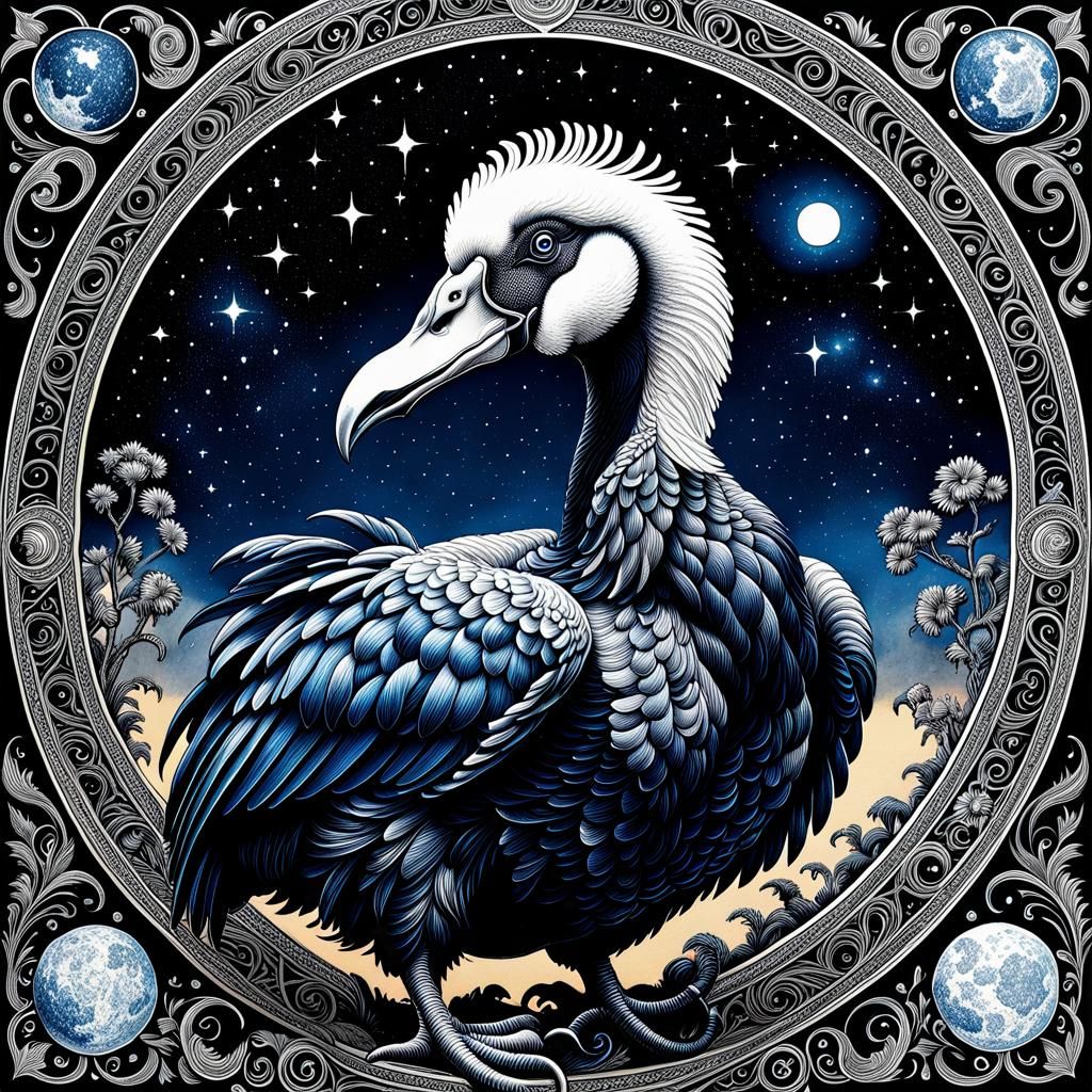 Dodo in Celestial Realm: Black and White Pen Drawing