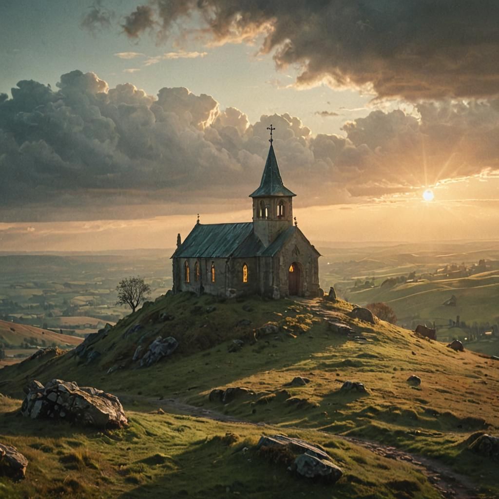 Ethereal Chapel on Hilltop in Soft Sunset Light