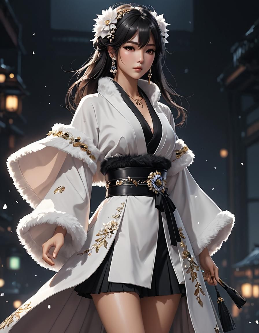 Fur Kimono and Ruffle Dress in 3D Anime Art