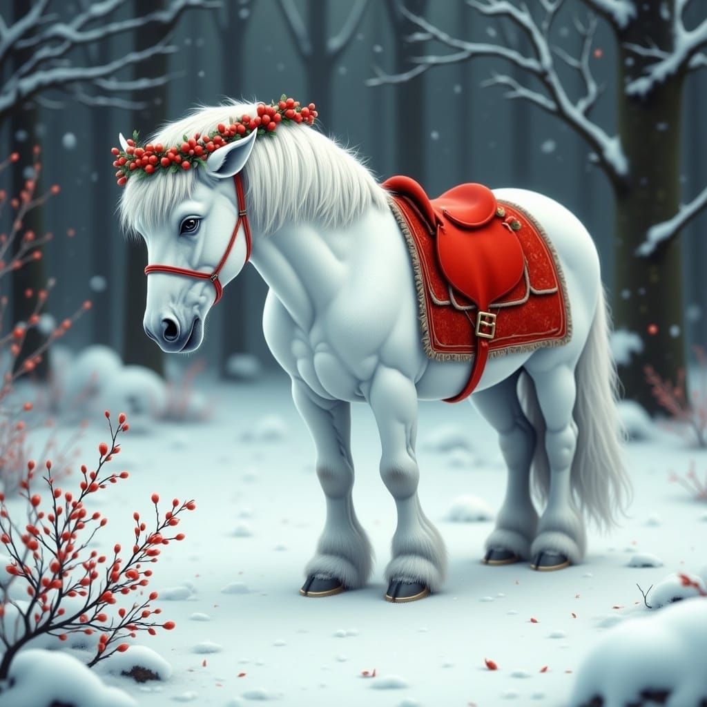 White Horse in Winter Wonderland in Impressionist Style