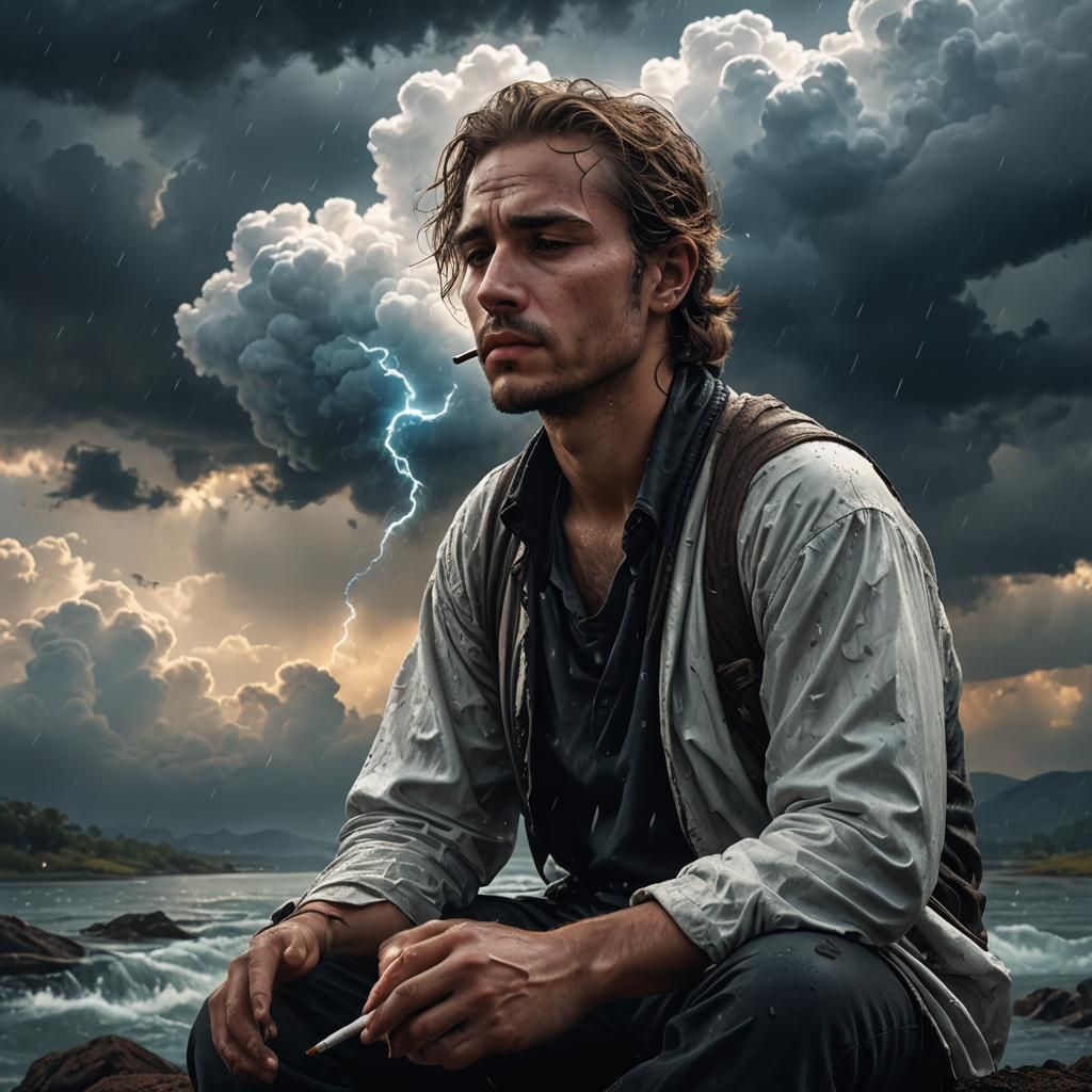 Poet and Tearful Cloud in Digital Art