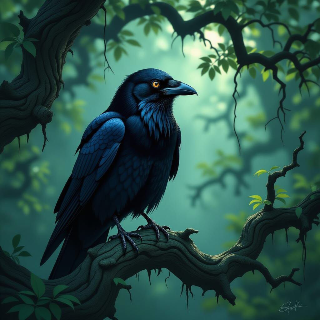 Wise Old Crow Watches from Oak Branch in Moody Light