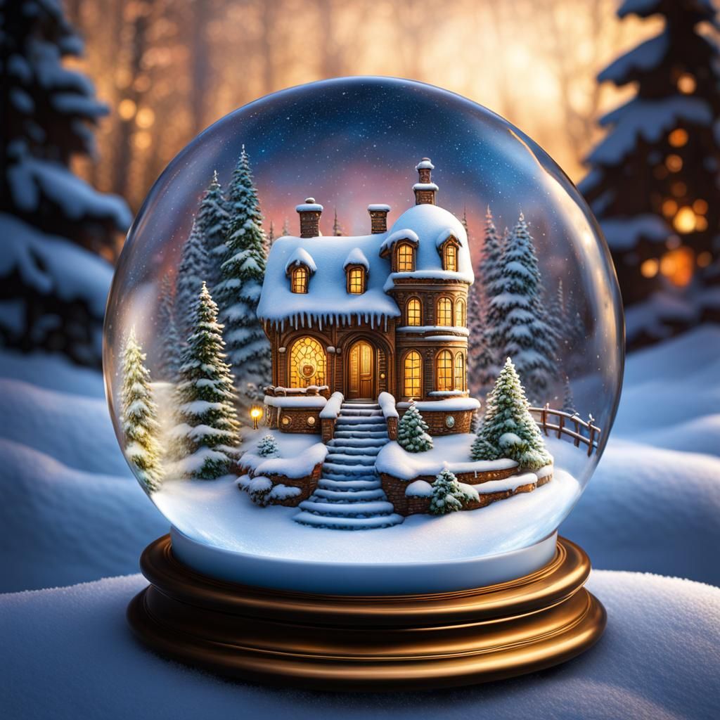 Glamorous Snow Globe with Detailed House, Hyperrealistic Dig...